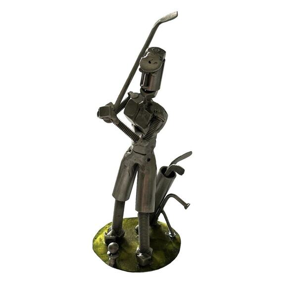 Miguel Metal Mejia Artist Scrap Metal Art Sculpture Golfer 8” Tall Signed Recyle - Picture 1 of 9